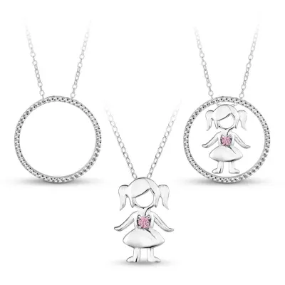 Sterling Silver 3-in-1 Cubic Zirconia Circle Girl Necklace