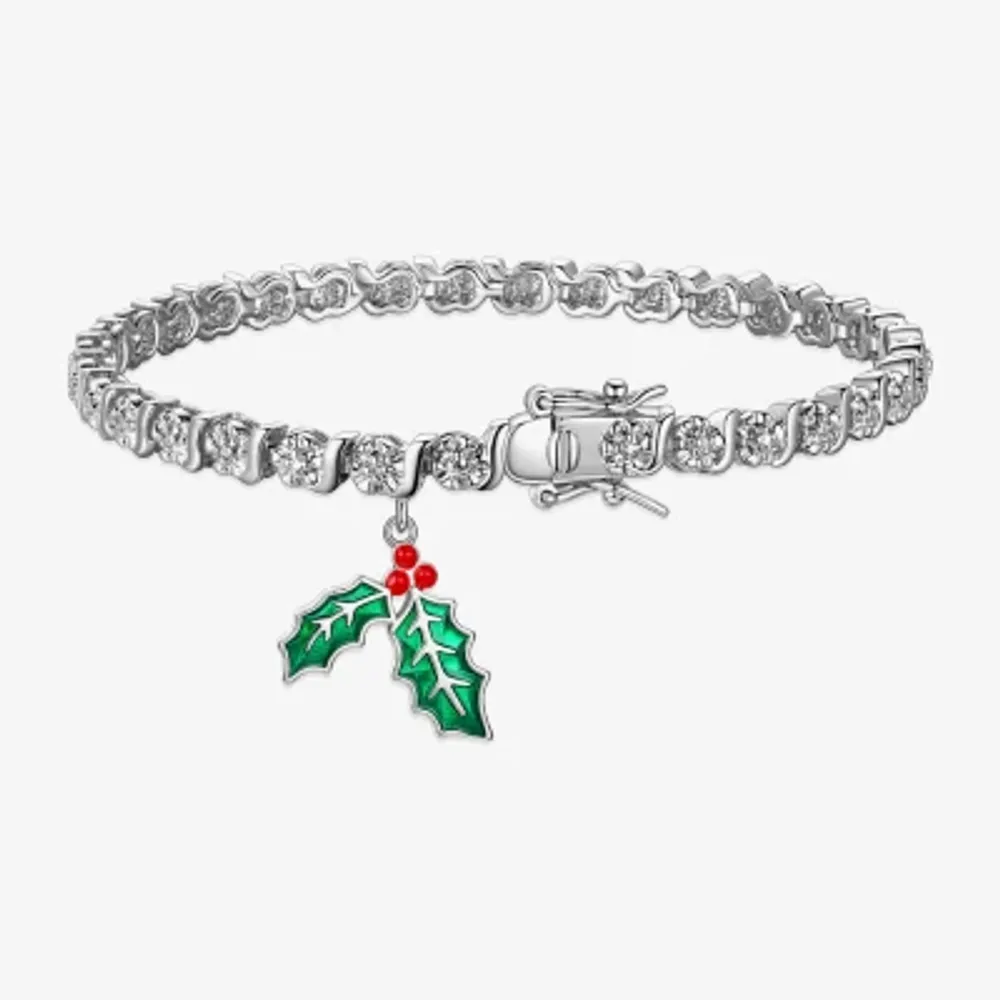 Sparkle Allure Mistletoe Charm Diamond Accent Pure Silver Over Brass 7.25 Inch Link Tennis Bracelet