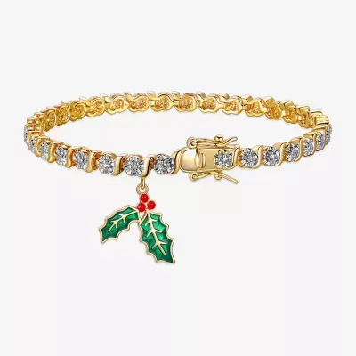 Sparkle Allure Mistletoe Charm Diamond Accent 14K Gold Over Brass 7.25 Inch Link Tennis Bracelet