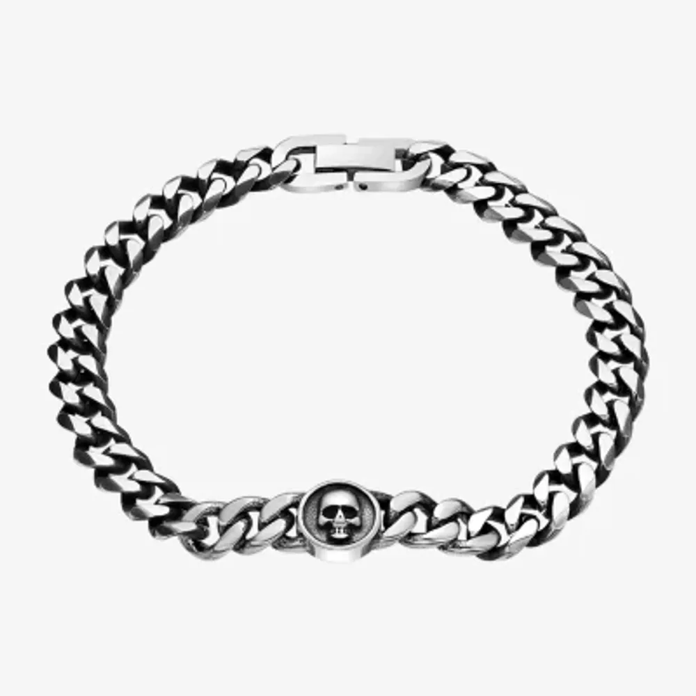 Gray Stainless Steel 8 1/2 Inch Solid Curb Skull Chain Bracelet