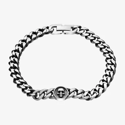 Gray Stainless Steel 8 1/2 Inch Solid Curb Skull Chain Bracelet