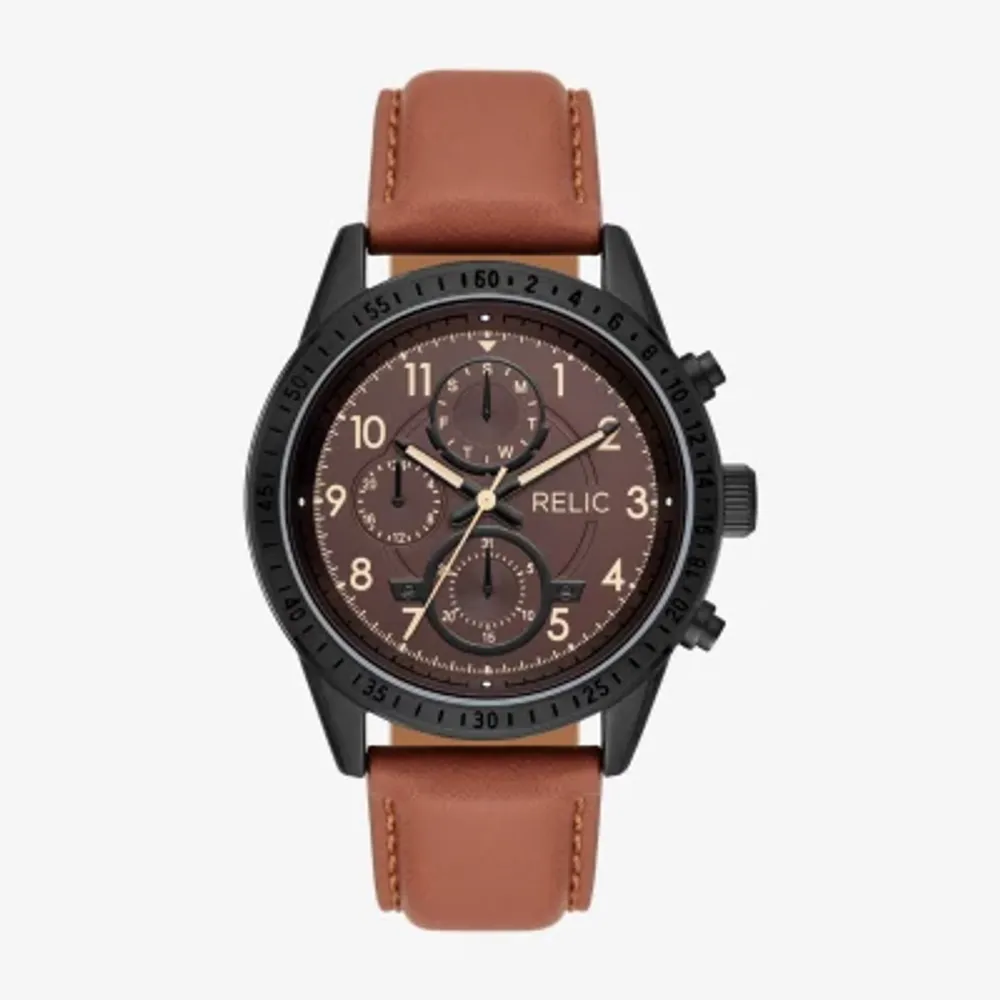 Relic By Fossil Mahoney Mens Multi-Function Brown Leather Strap Watch Zr15983