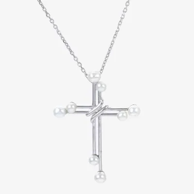 Womens White Cultured Freshwater Pearl Sterling Silver Cross Pendant Necklaces