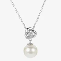 Womens White Cultured Freshwater Pearl Sterling Silver Knot Pendant Necklace
