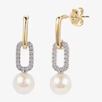 White Cultured Freshwater Pearl 14K Two Tone Gold Over Silver Paperclip Drop Earrings