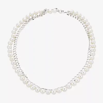 Mens White Cultured Freshwater Pearl Sterling Silver Strand Necklace