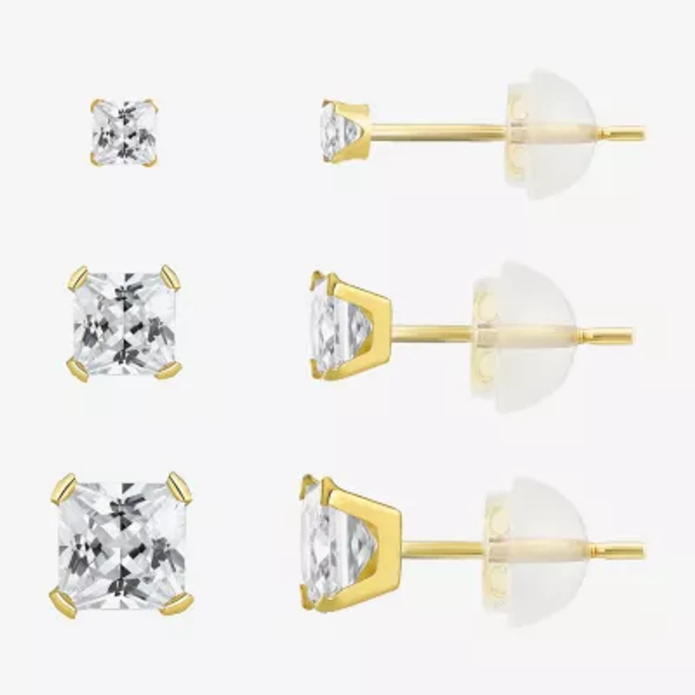 White Cubic Zirconia 10K Gold Round 3 Pair Earring Set
