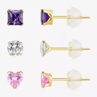 Womens Multi Color Cubic Zirconia 10K Gold Round 3 Pair Earring Set
