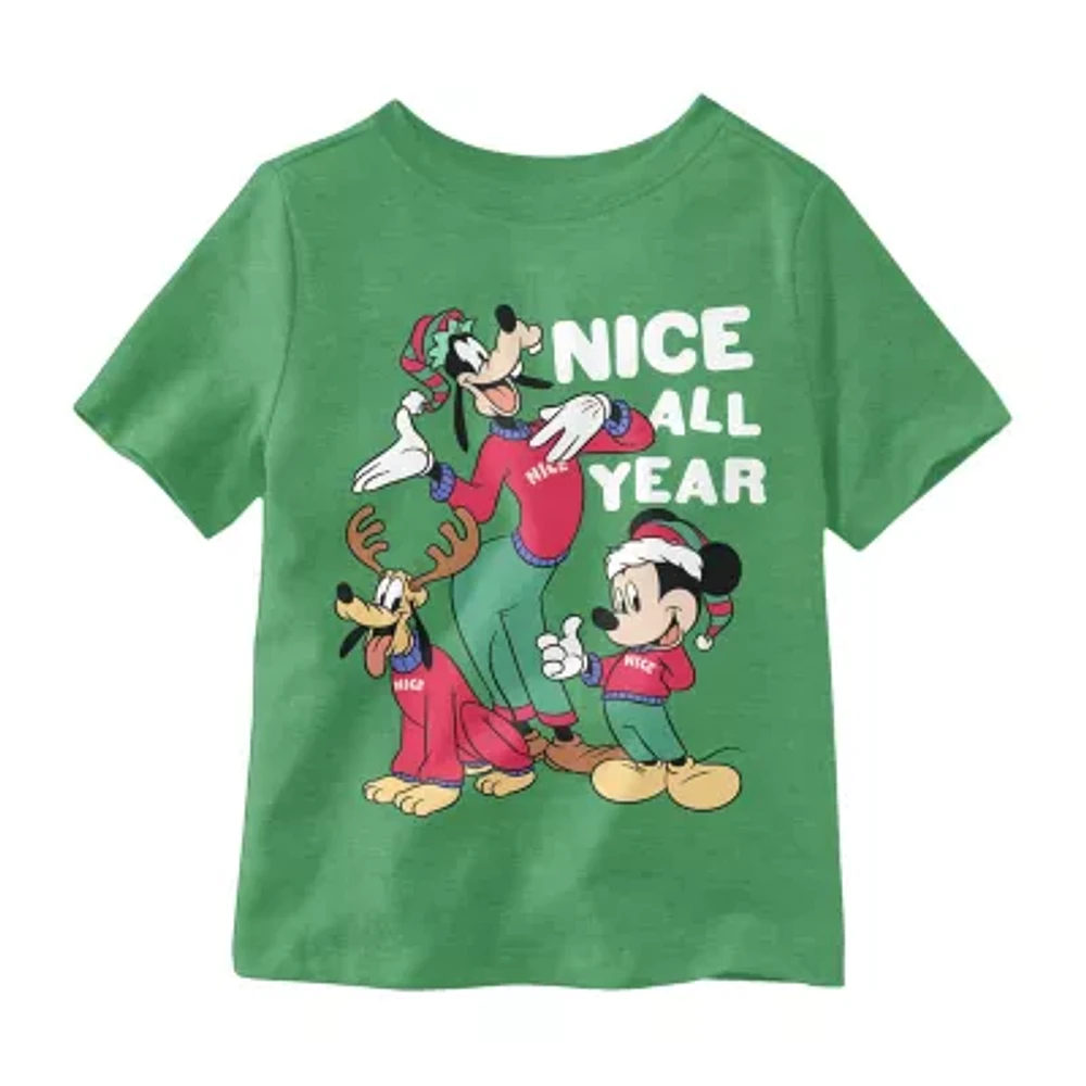 Disney Collection Little & Big Boys Crew Neck Long Sleeve Mickey and Friends Holiday Graphic T-Shirt