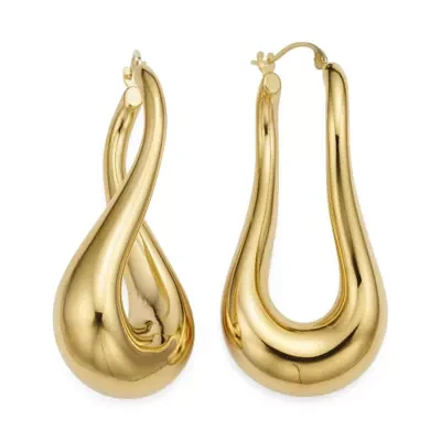 Gold Opulence 14K Gold Over Diamond Resin Polished Wave Hoop Earrings