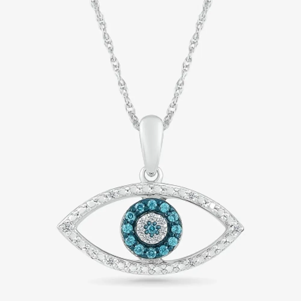 Womens 1/10 CT. T.W. Natural Blue Diamond 14K White Gold Evil Eye Pendant Necklace
