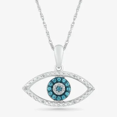 Womens 1/10 CT. T.W. Natural Blue Diamond 14K White Gold Evil Eye Pendant Necklace