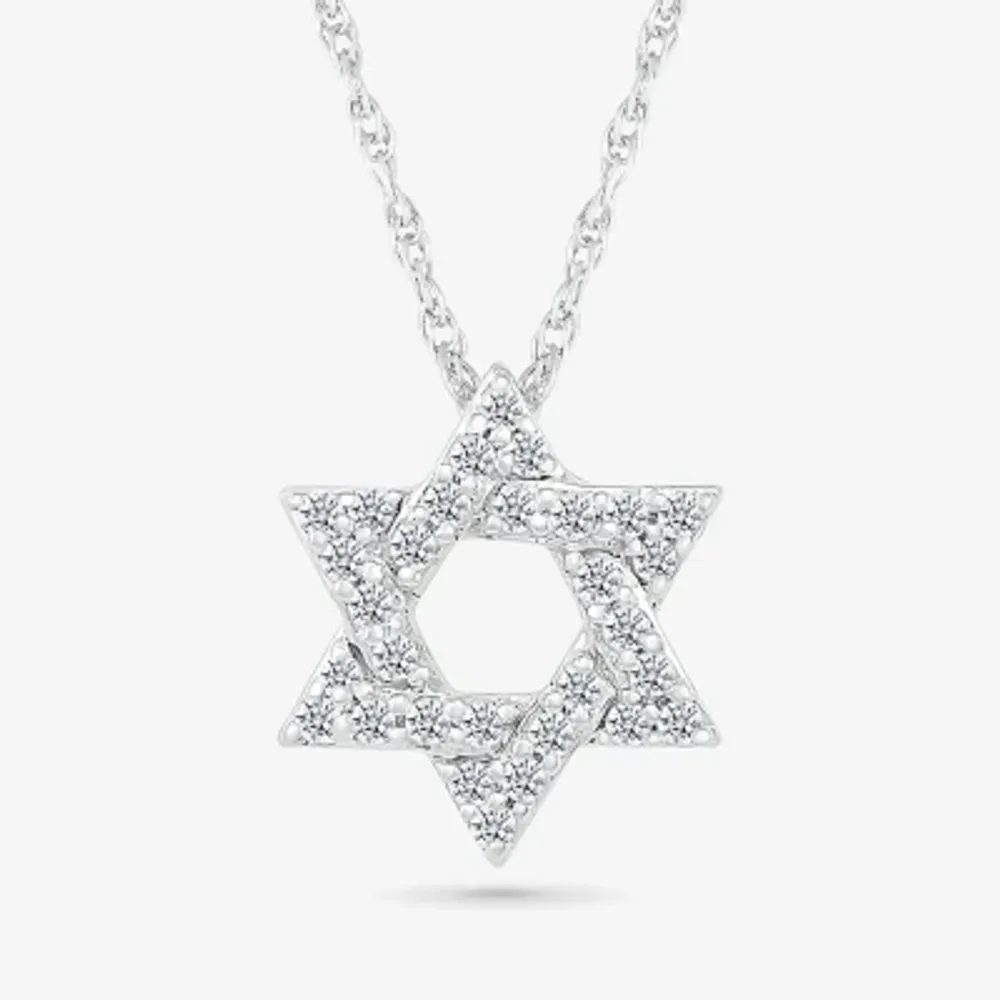 Star Of David Womens 1/6 CT. T.W. Natural White Diamond 14K White Gold Star Pendant Necklace