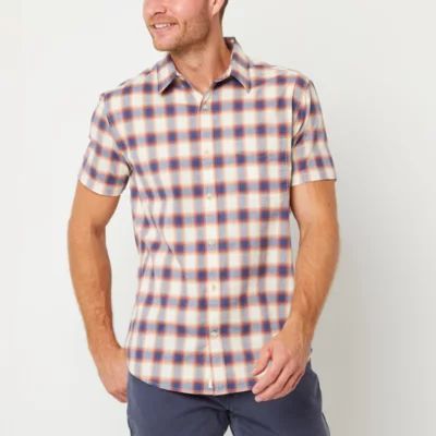 mutual weave Mens Regular Fit Short Sleeve Plaid Button-Down Shirt