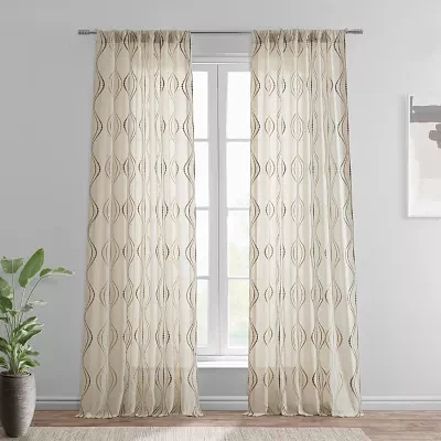 Exclusive Fabrics & Furnishing Suez Embroidered Faux Linen Rod Pocket Sheer Single Curtain Panels