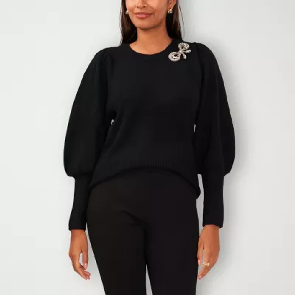 Sam And Jess Womens Round Neck Embellished Long Sleeve Pullover Sweater