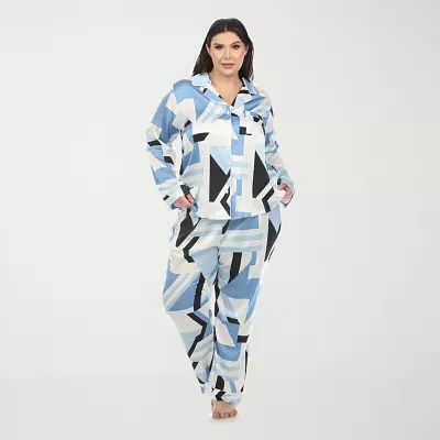 White Mark Womens Plus Satin Long Sleeve 2-pc. Pant Pajama Set