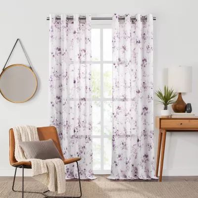 Fieldcrest Arden Watercolor Bouquet Cotton Sheer Grommet Top Single Curtain Panel