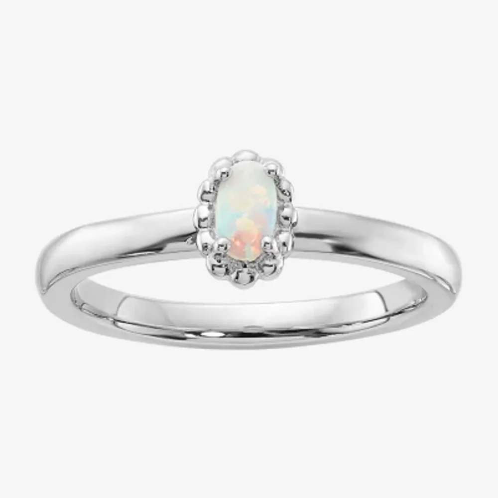 Womens Lab Created White Opal Sterling Silver Stackable Ring