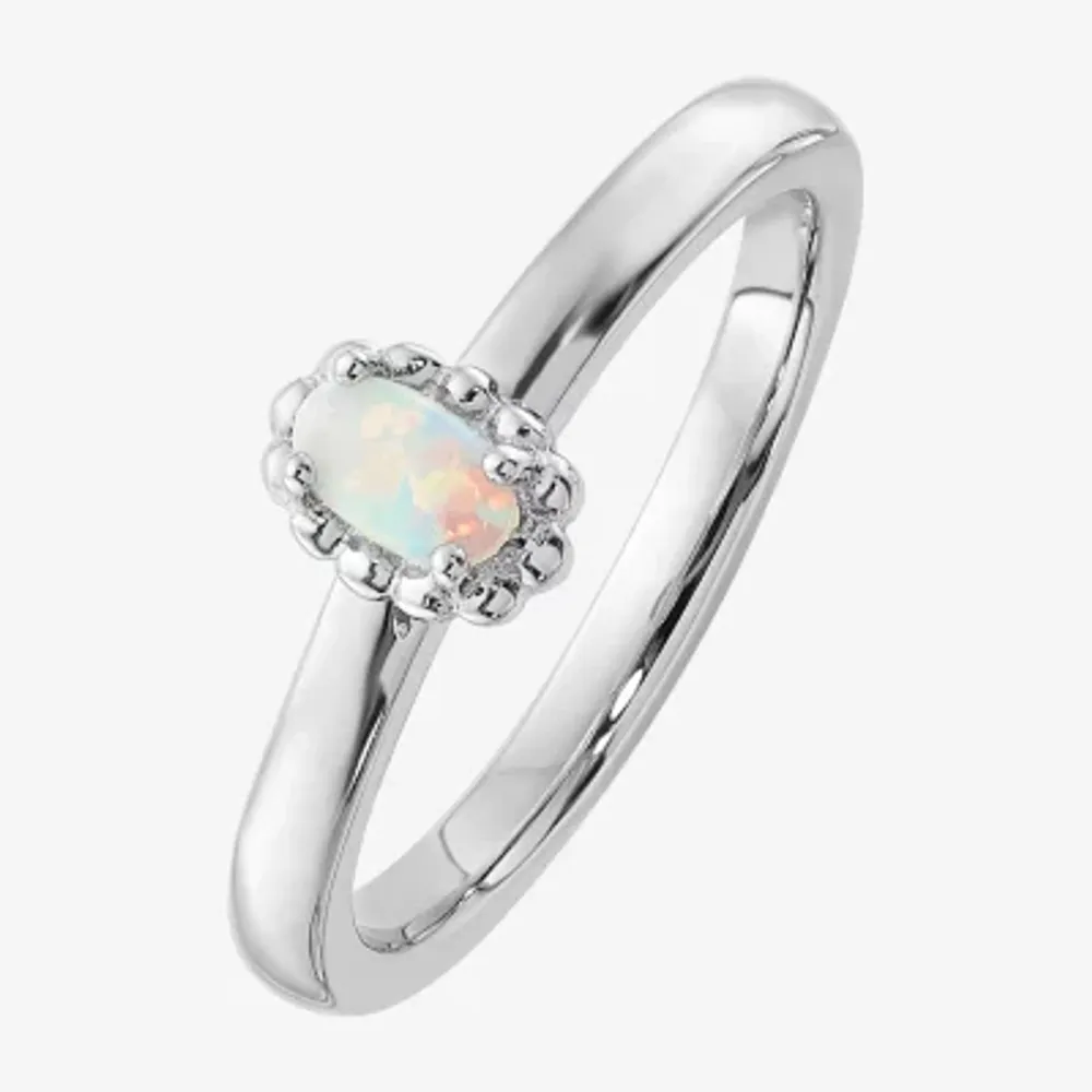 Womens Lab Created White Opal Sterling Silver Stackable Ring