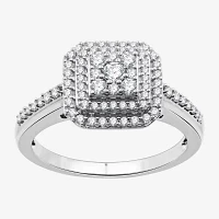 Womens 1/2 CT. T.W. Lab Grown White Diamond Sterling Silver Cushion Halo Side Stone Cocktail Ring