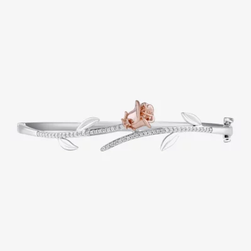 Enchanted Disney Fine Jewelry 1/4 CT. T.W. Natural White Diamond 14K Rose Gold Over Silver Sterling Silver Flower Beauty and the Beast Belle Princess Bangle Bracelet