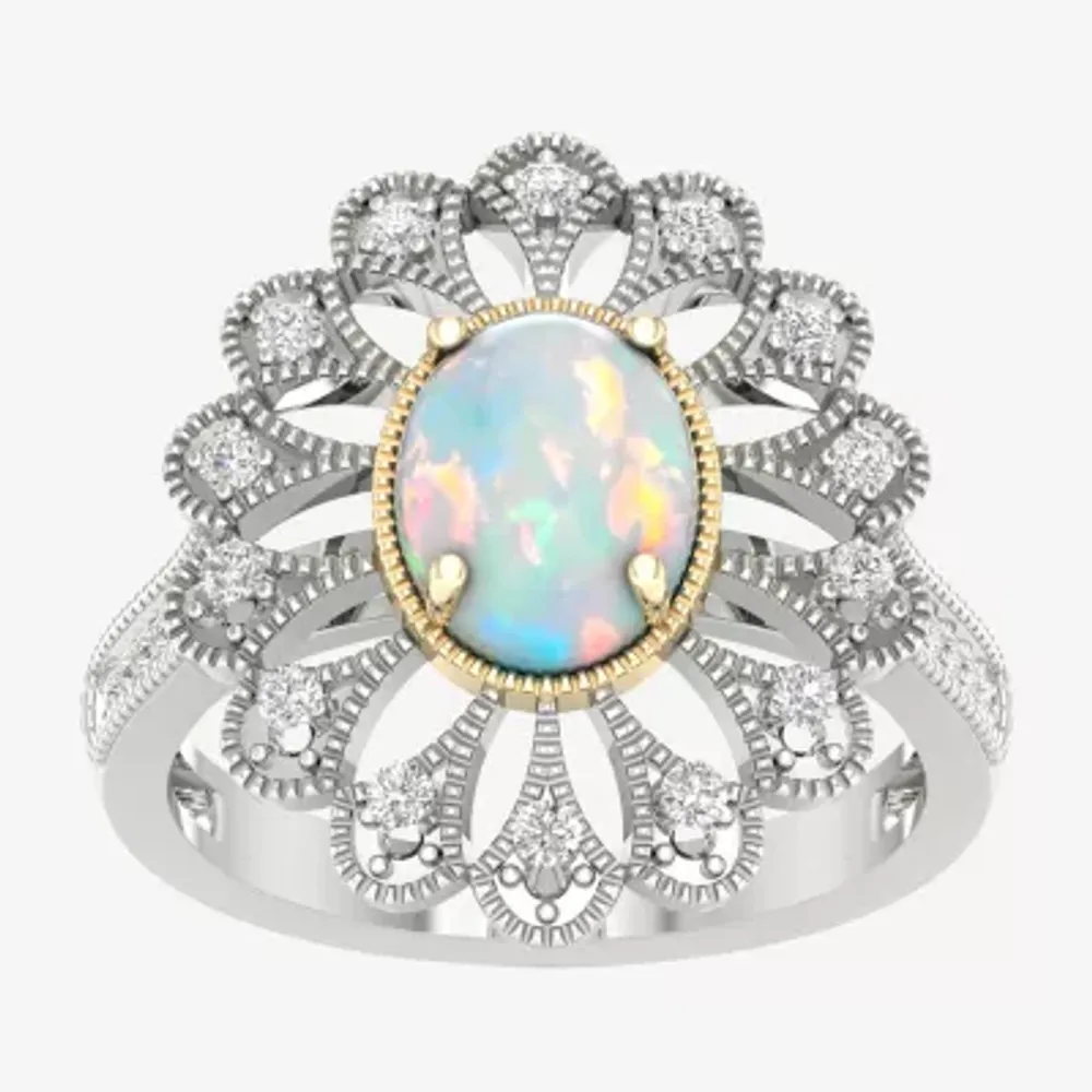 Womens Lab Created White Opal 10K Gold Sterling Silver Cocktail Ring