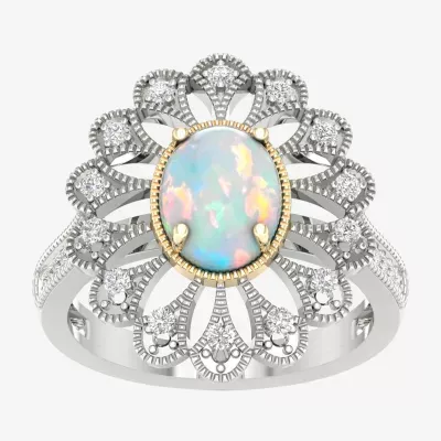 Womens Lab Created White Opal 10K Gold Sterling Silver Cocktail Ring