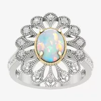 Womens Lab Created White Opal 10K Gold Sterling Silver Cocktail Ring