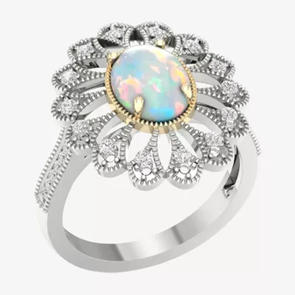 Womens Lab Created White Opal 10K Gold Sterling Silver Cocktail Ring