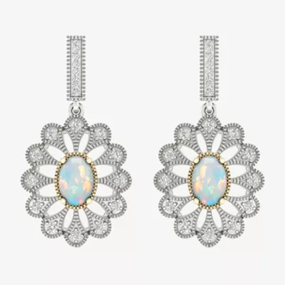 Lab Created White Opal 10K White Gold Sterling Silver Drop Earrings