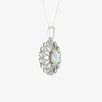 Womens Lab Created White Opal 10K White Gold Sterling Silver Flower Pendant Necklace