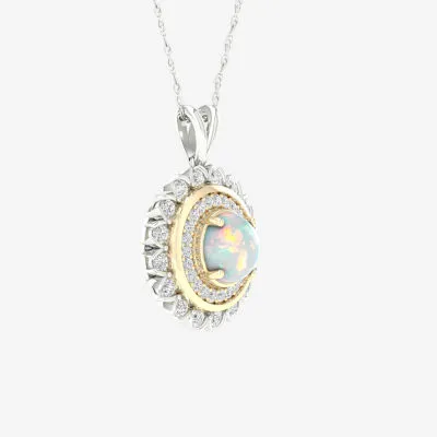Womens Lab Created White Opal 10K White Gold Sterling Silver Pendant Necklace