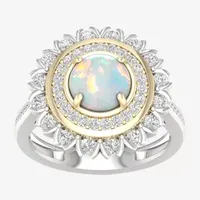 Womens Lab Created White Opal 10K Gold Sterling Silver Cocktail Ring