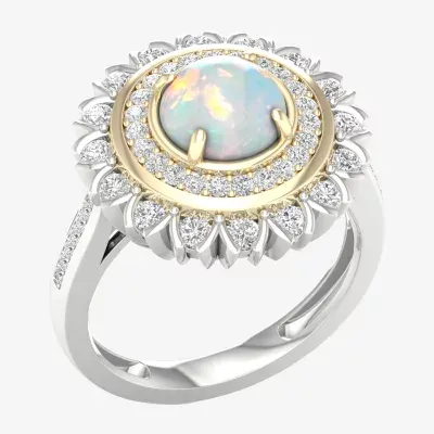 Womens Lab Created White Opal 10K Gold Sterling Silver Cocktail Ring