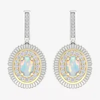 Lab Created White Opal 10K White Gold Sterling Silver Oval Drop Earrings