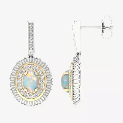 Lab Created White Opal 10K White Gold Sterling Silver Oval Drop Earrings