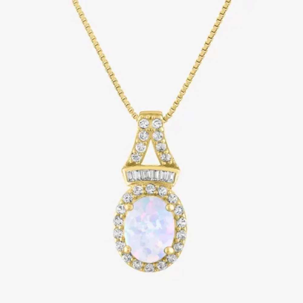 Womens Lab Created White Opal 14K Gold Over Silver Pendant Necklace