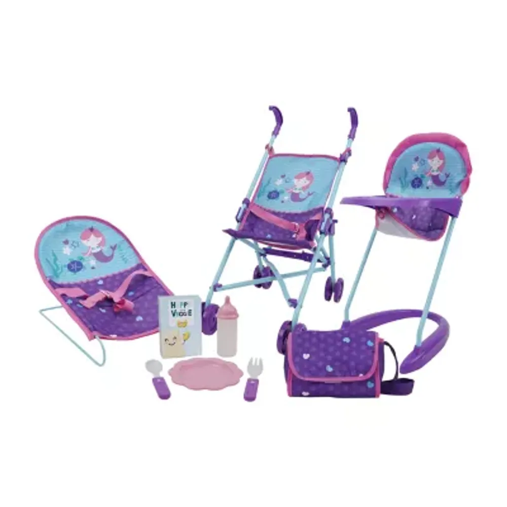 509 Mermaid 9 Piece Set Doll Feed N Play Set - Includes Stroller, Highchair, Bouncer, Handbag, Feeding Accessories