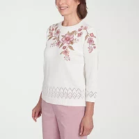 Alfred Dunner Telluride Womens Crew Neck Long Sleeve Floral Pullover Sweater