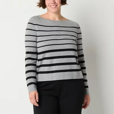 Liz Claiborne Womens Boat Neck Long Sleeve Striped Pullover Sweater