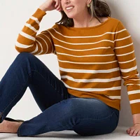 Liz Claiborne Womens Boat Neck Long Sleeve Striped Pullover Sweater