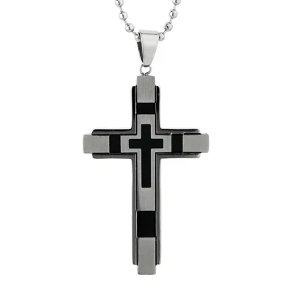 Mens Stainless Steel & Black IP Cross Pendant