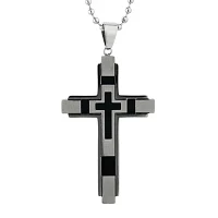 Mens Stainless Steel & Black IP Cross Pendant