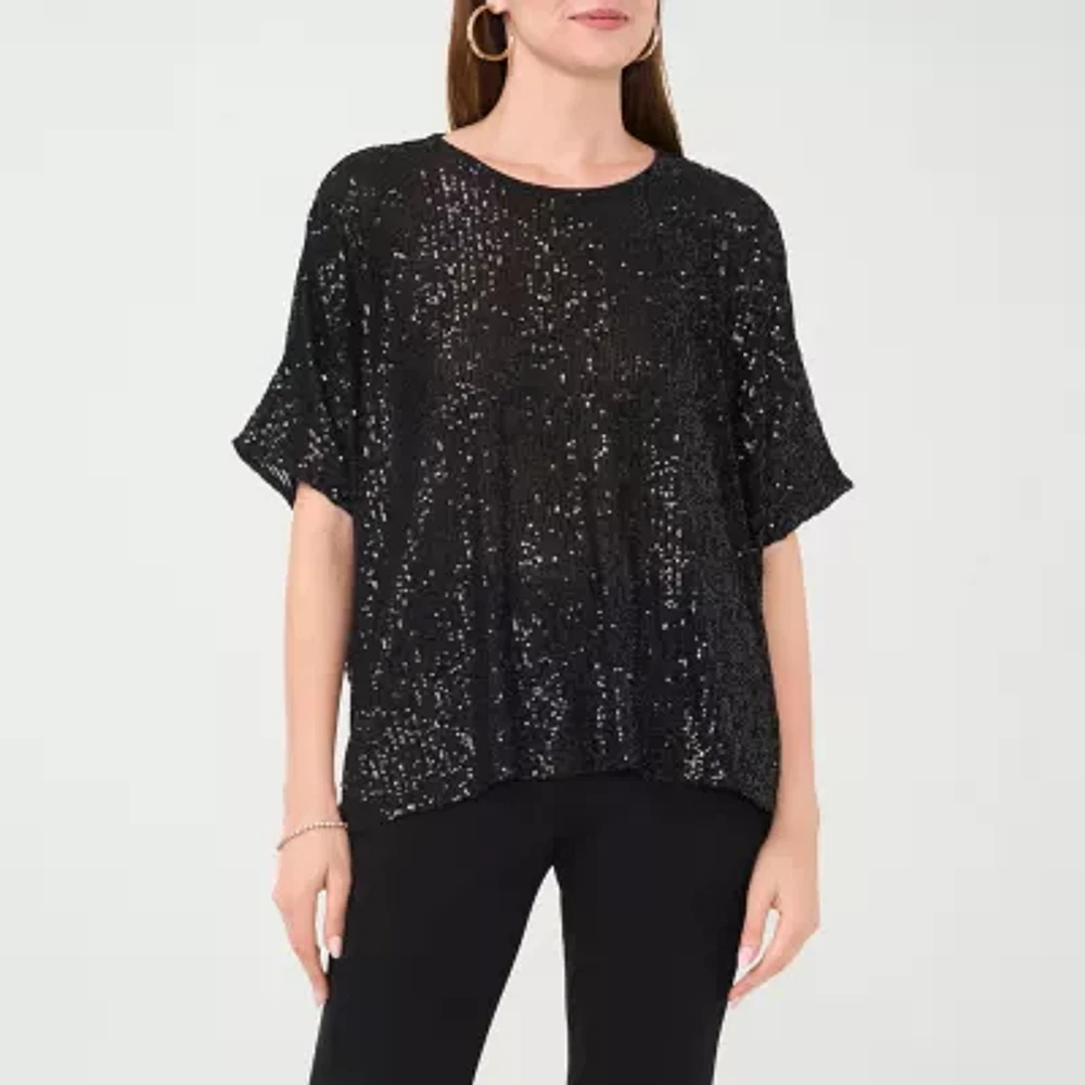 MSK Sequin Womens Round Neck Short Sleeve Blouse