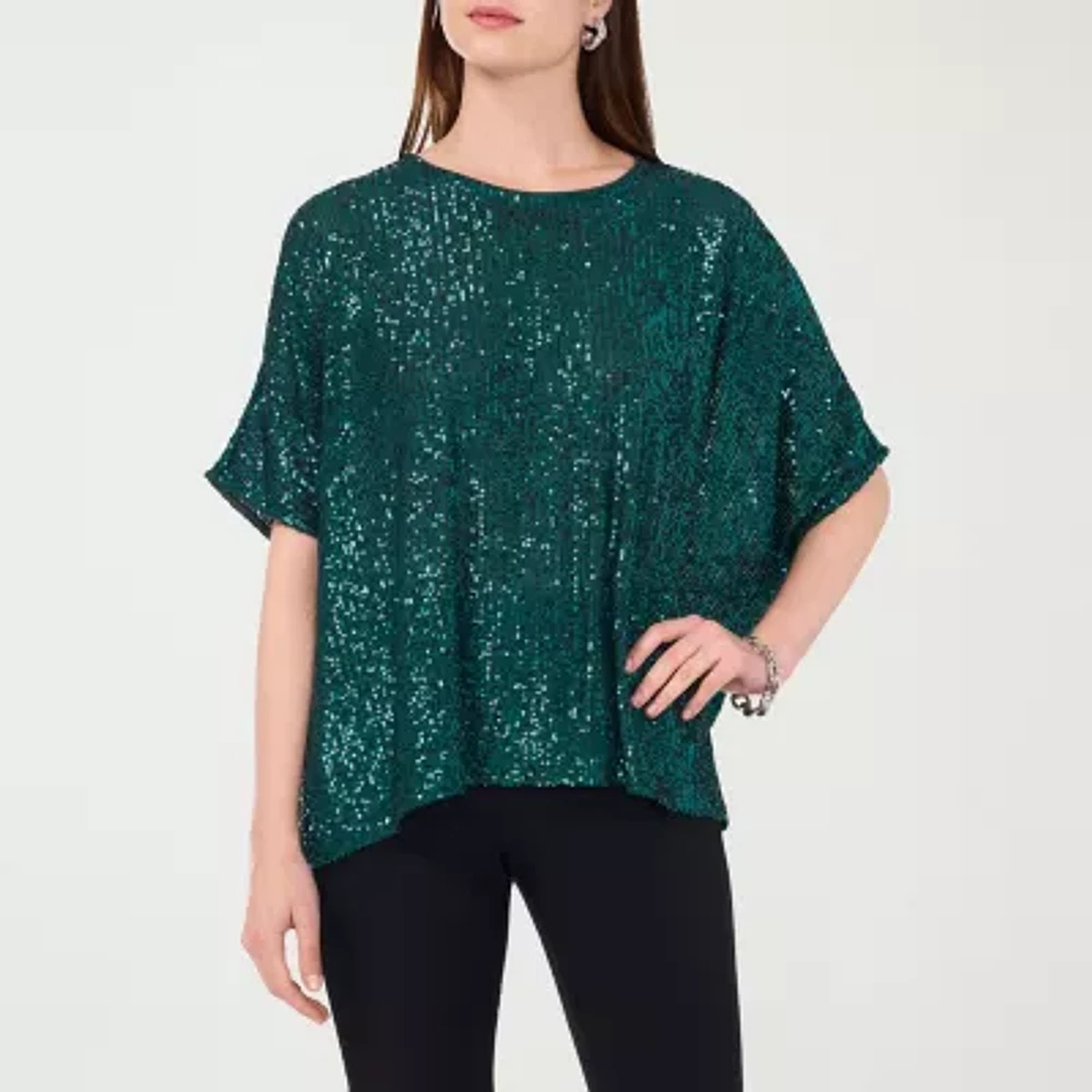 MSK Sequin Womens Round Neck Short Sleeve Blouse