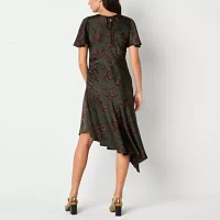 Studio 1 Womens Short Sleeve Floral High-Low Fit + Flare Dress