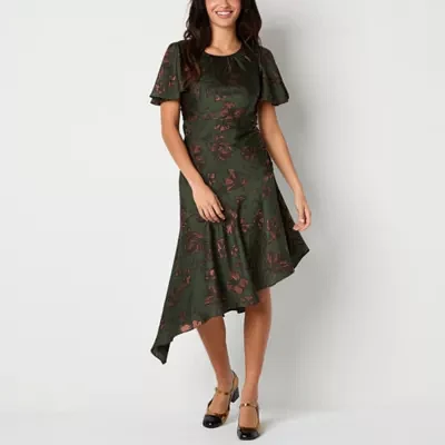 Studio 1 Womens Short Sleeve Floral High-Low Fit + Flare Dress