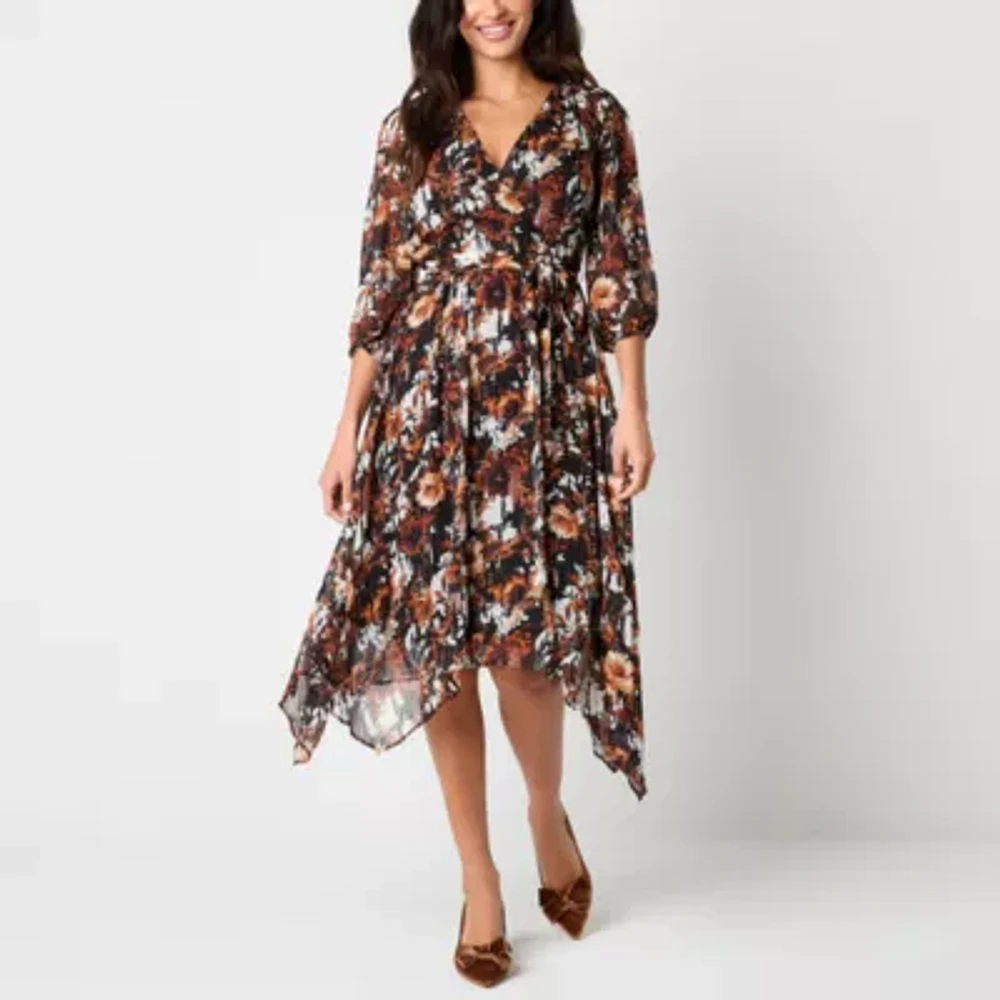 Danny & Nicole Womens 3/4 Sleeve Floral Midi Fit + Flare Dress