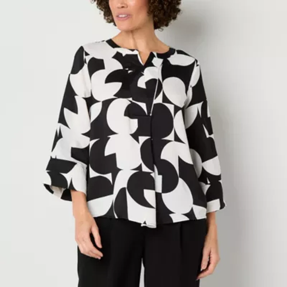 Liz Claiborne Womens Split Crew Neck 3/4 Sleeve Satin Blouse